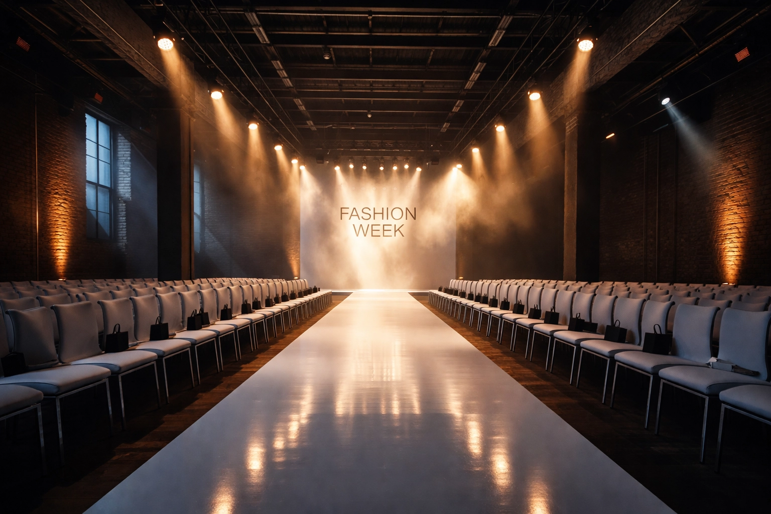 Alternative New York Fashion Week runway setup in trendy loft with dramatic lighting and empty white chairs