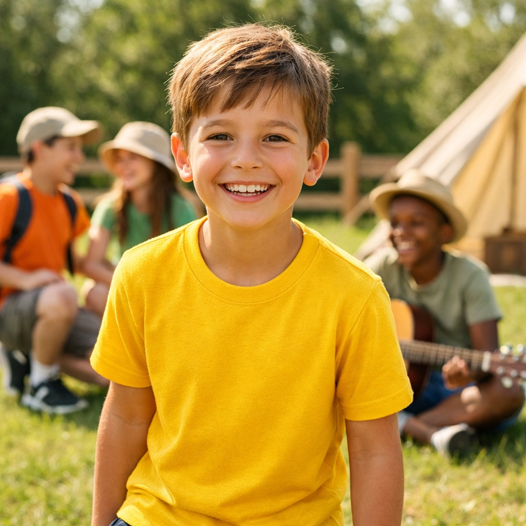 Kids wearing premium custom summer camp t-shirts in a sunny outdoor setting for 2026 youth sports branding.