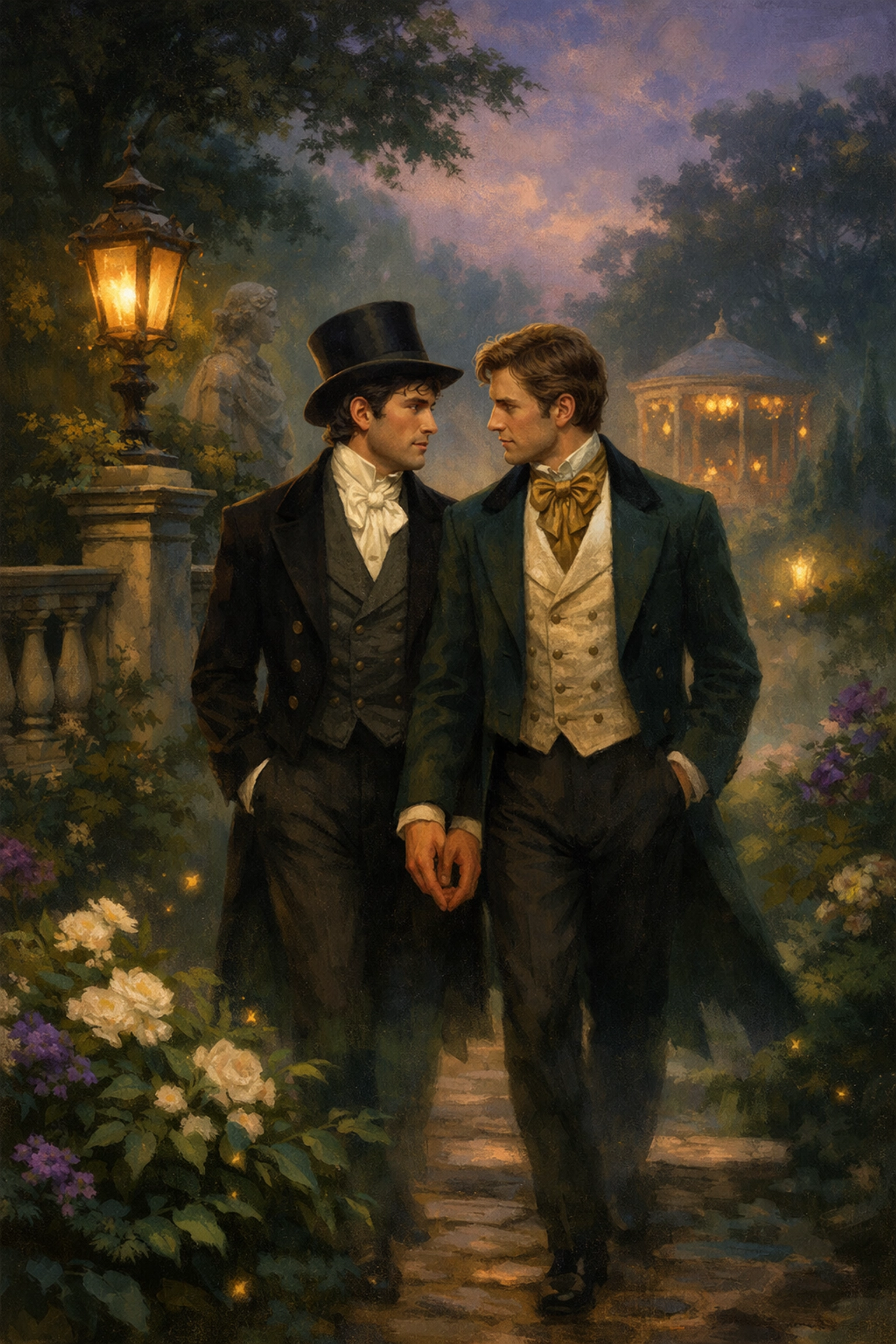 A romantic scene from a gay historical romance novel featuring two men in a garden.
