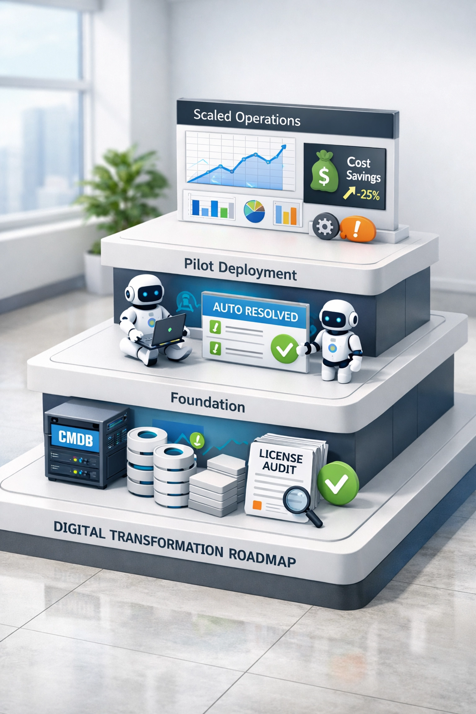 90-day ServiceNow ITOM implementation roadmap showing foundation, pilot, and scale phases