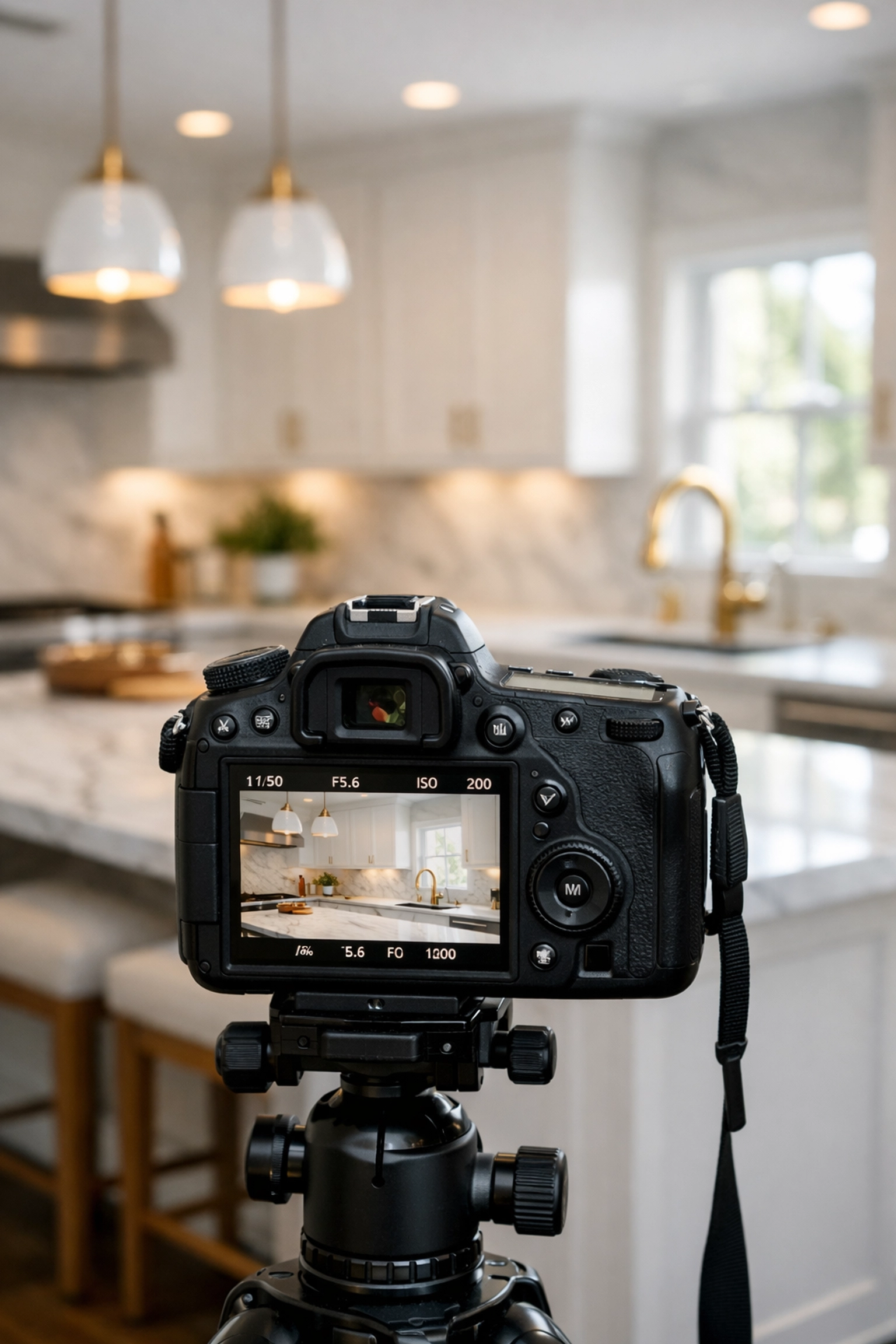 Camera photographing a kitchen remodel, showcasing image optimization for professional web design for small business.