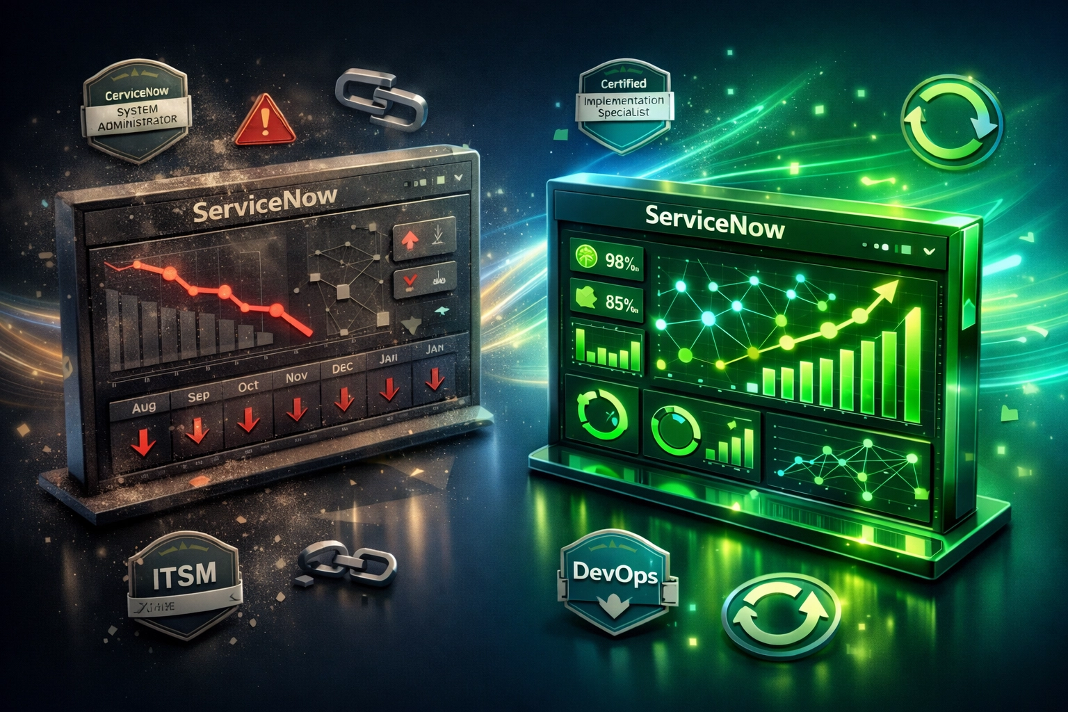 ServiceNow platform dashboard showing declining metrics versus optimized continuous improvement results