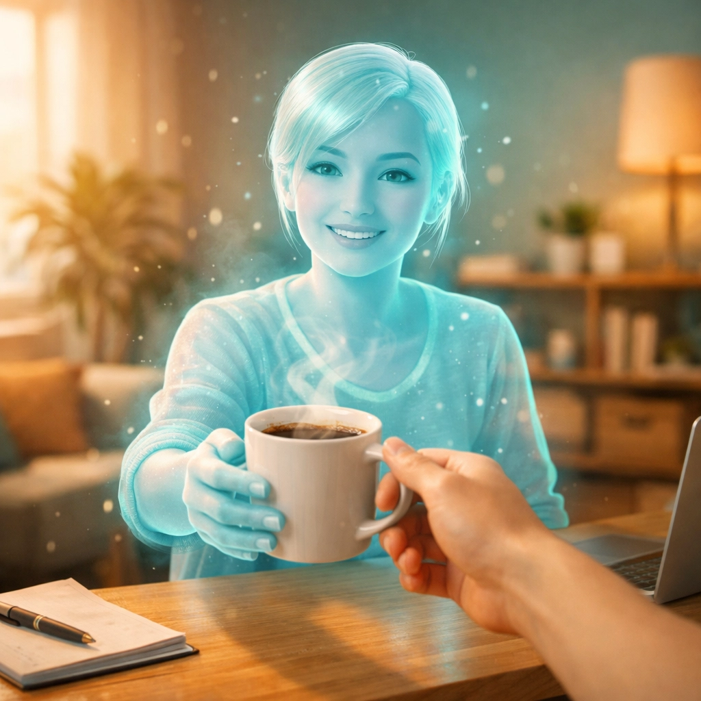 Friendly AI avatar handing coffee, representing warm and human-like AI customer service interactions.