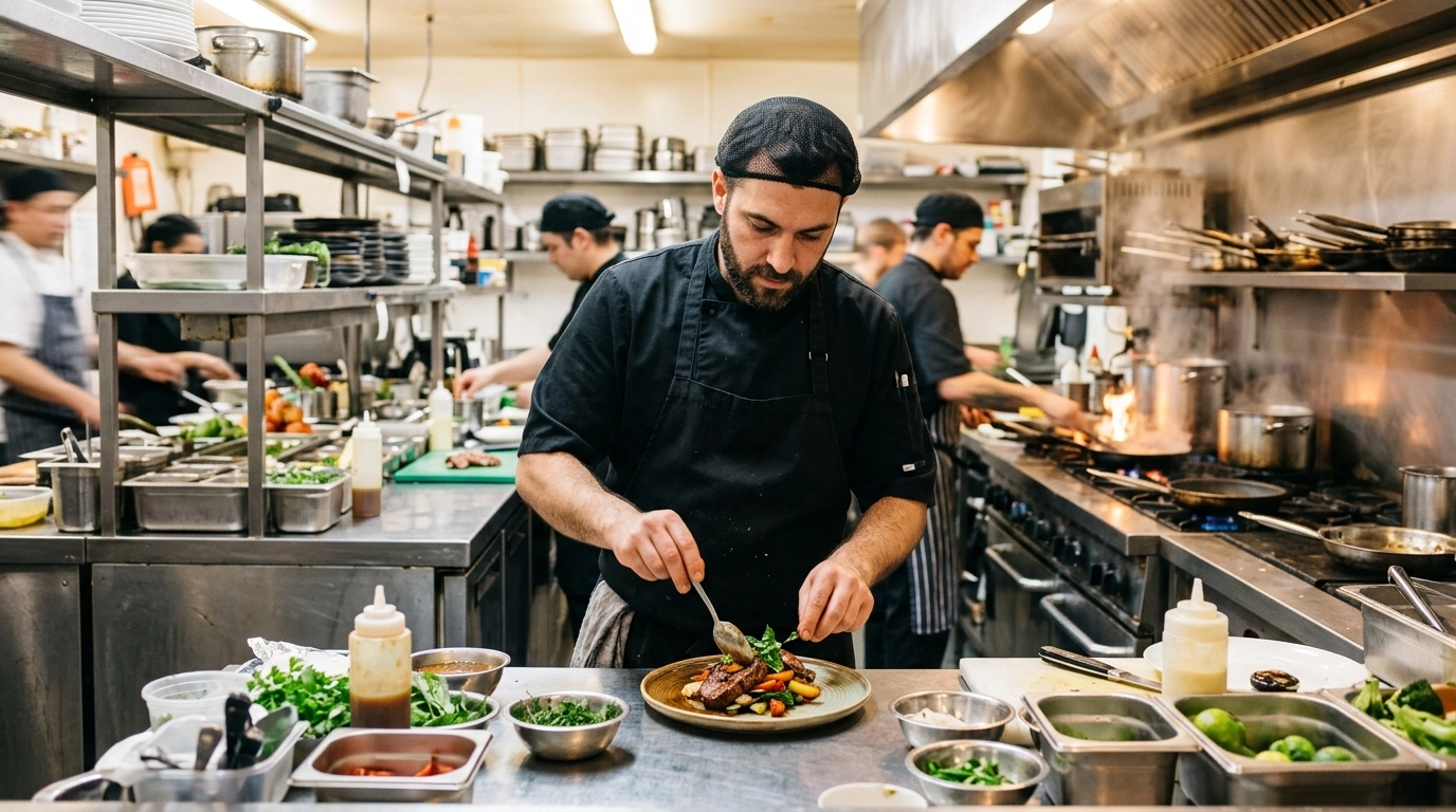Professional chef working in a high-energy commercial kitchen