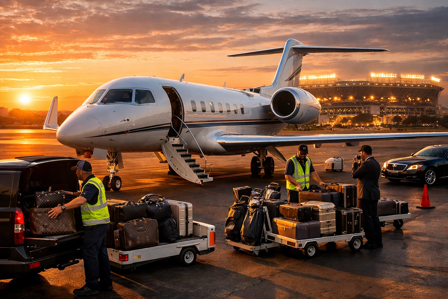 Luxury private jet and stadium showcasing Fortune 500 Super Bowl corporate travel logistics