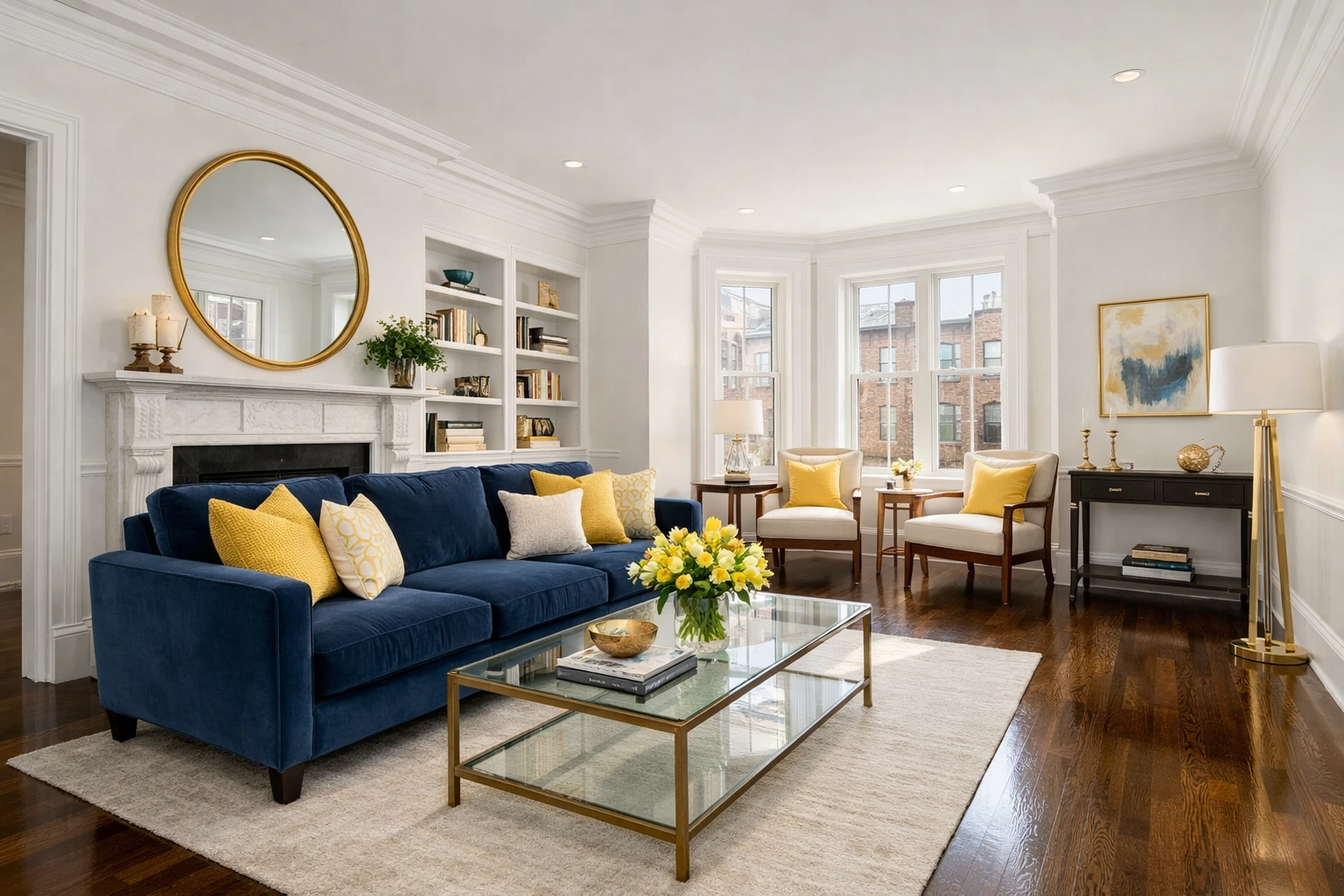 Spotless staged living room with clean hardwood floors after post-construction cleaning in Cambridge.