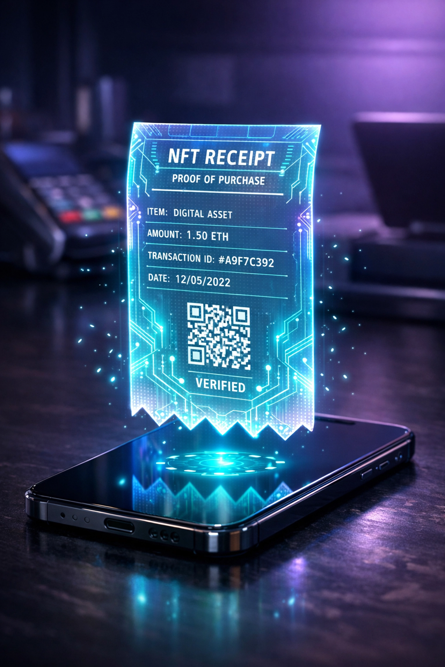 Secure NFT receipt on a smartphone providing immutable proof of purchase to eliminate merchant chargeback fraud.