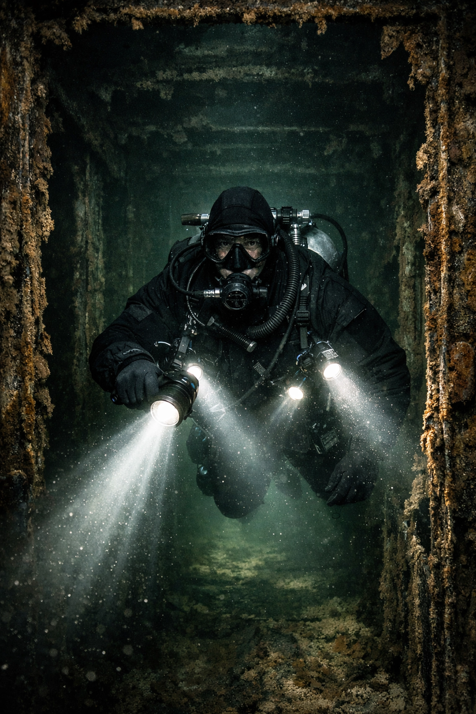 Wracktaucher mit Hauptlampe und Backup-Lampen für maximale Sicherheit unter Wasser