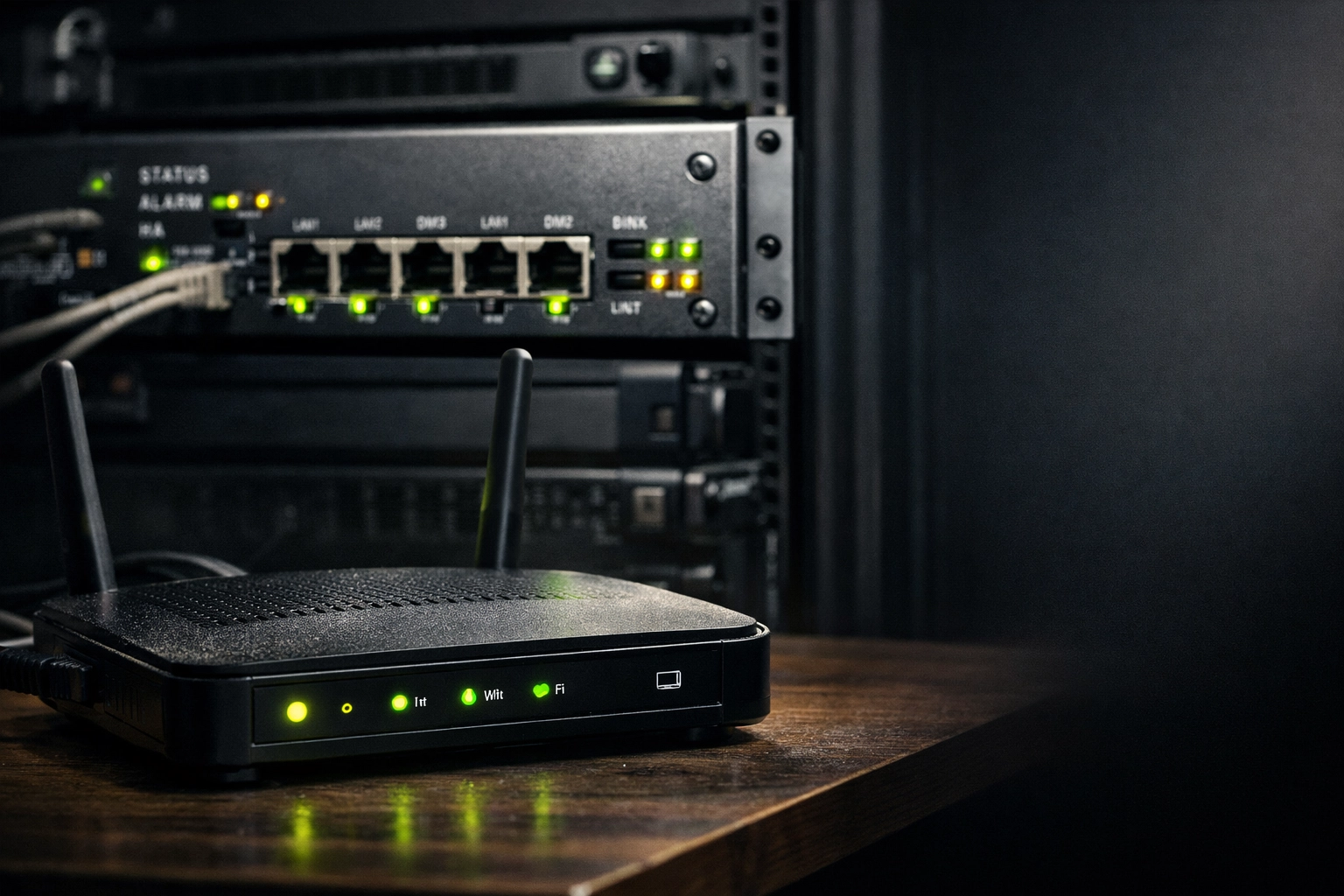 Consumer router on a back-office desk contrasted with a rack-mounted enterprise firewall in the background—hardware security comparison.