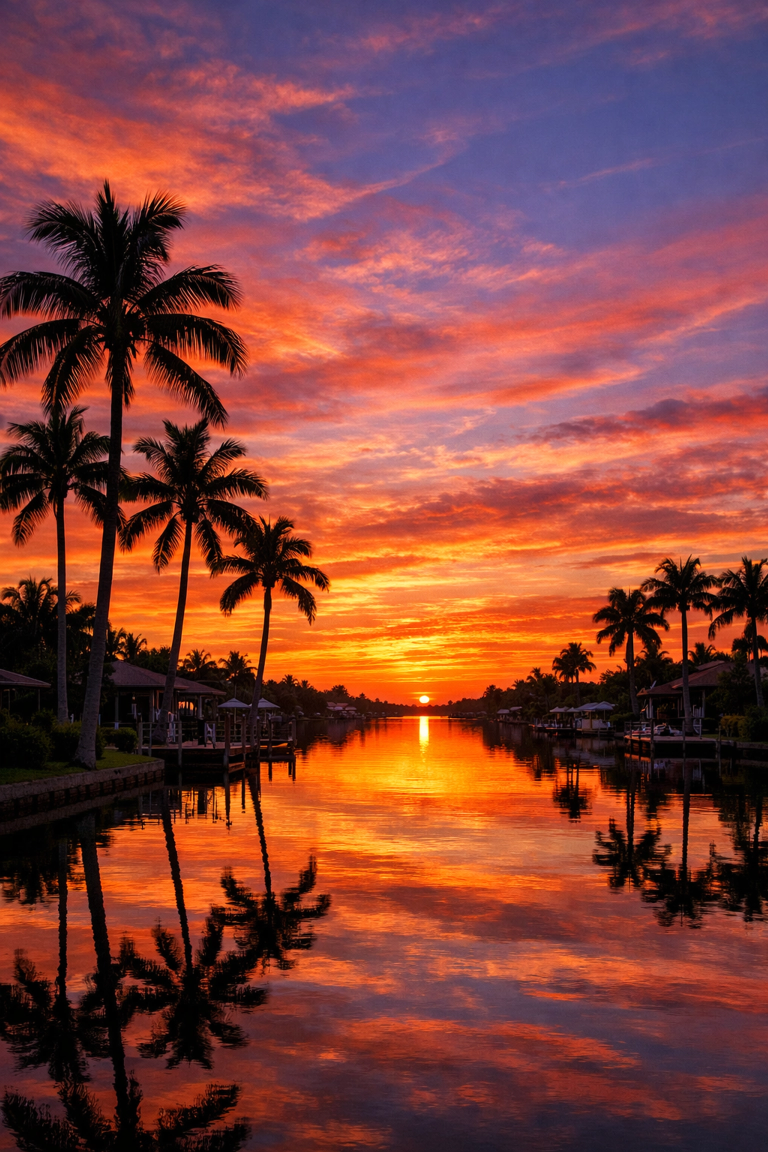 Vibrant sunset over a Cape Coral canal with palm trees, representing the Southwest Florida lifestyle.