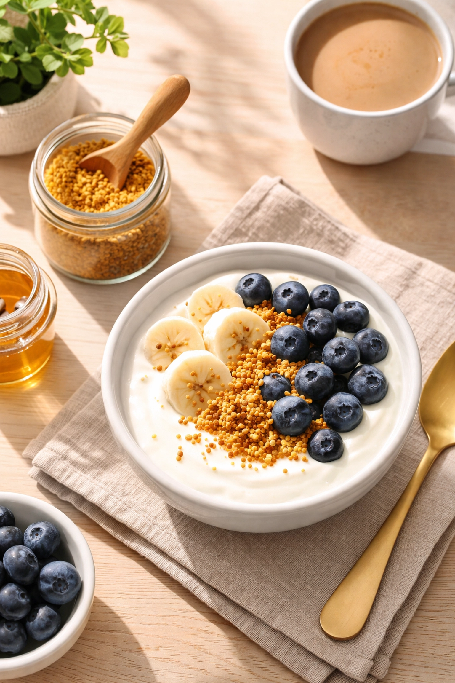 A bowl of yogurt topped with pure bee pollen, blueberries, and banana, highlighting an easy morning wellness routine.
