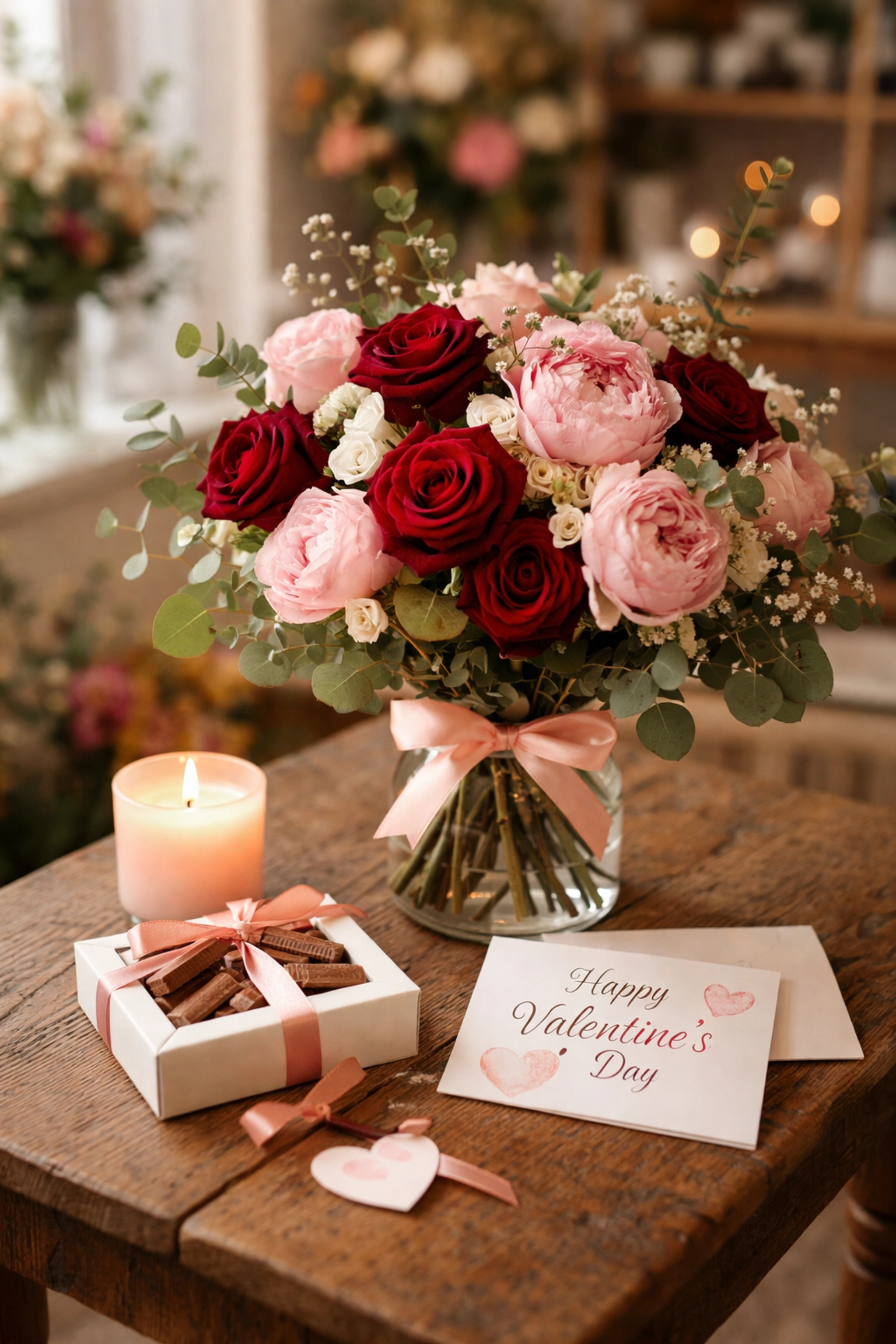 Beautiful Valentine's Day bouquet with roses and peonies on a gift table at a Summerville boutique flower shop