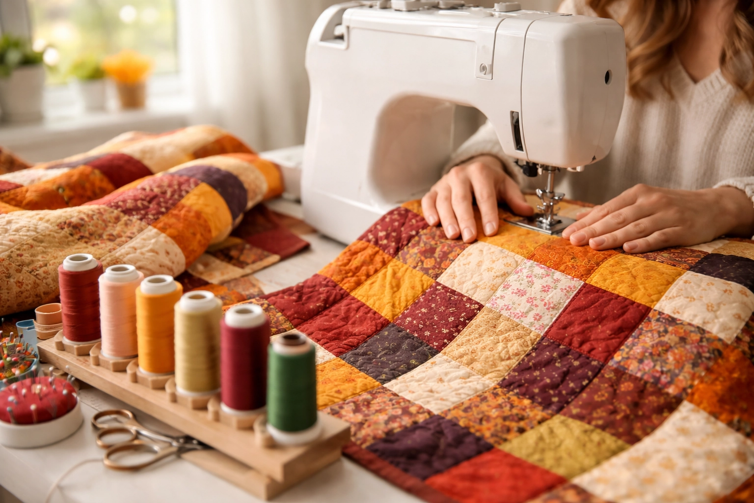 Quilter sewing patchwork fabric with spools of colorful thread, illustrating thread selection for quilting projects.