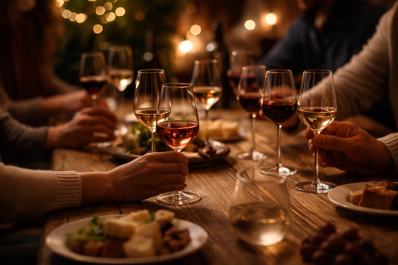 Group of friends reaching for wine glasses at a tasting event, highlighting community at K Cellars and Katy Moore Wines events.
