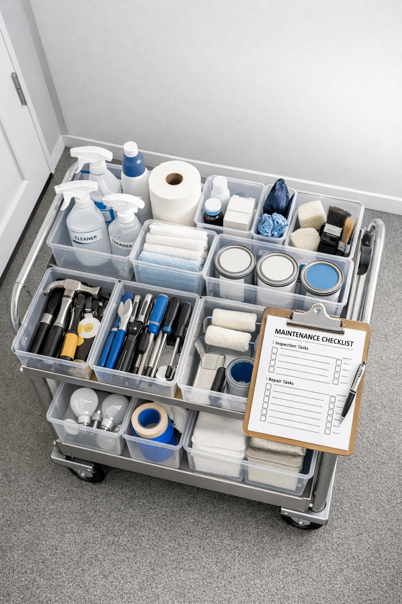 Organized maintenance cart with turnover supplies and checklist in apartment hallway