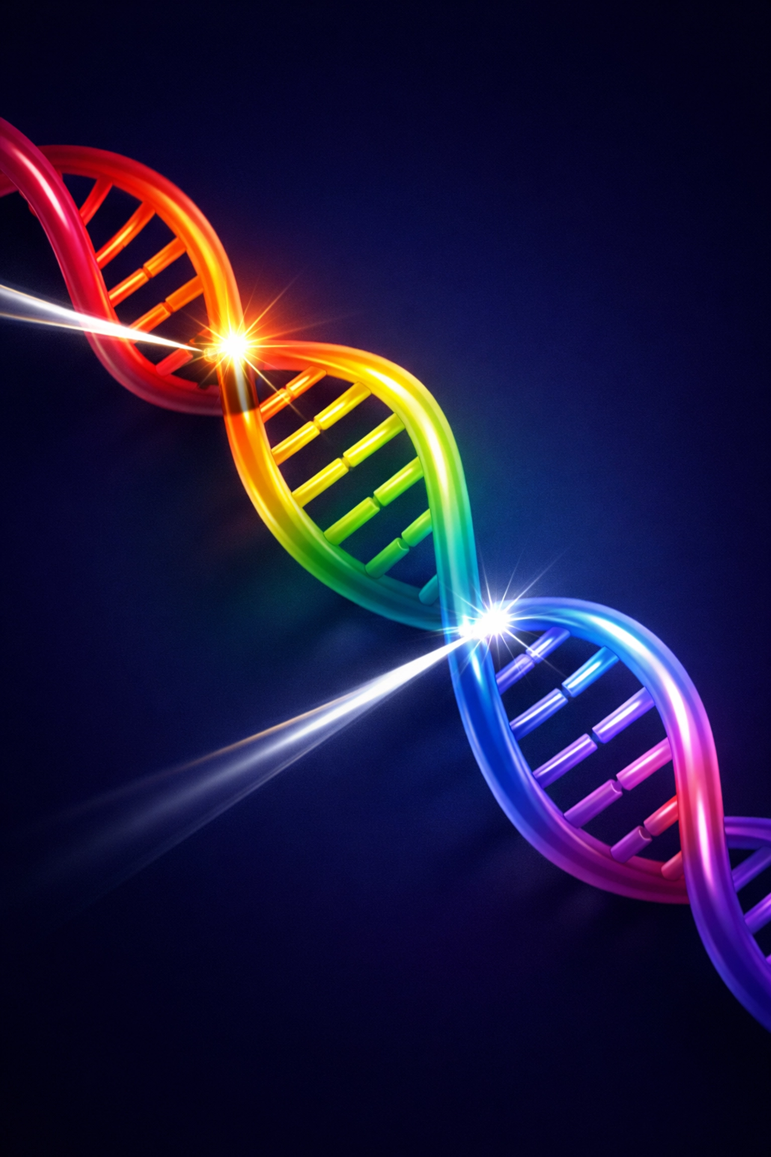 Rainbow DNA helix with light beams representing CRISPR technology and the future of HIV gene editing.