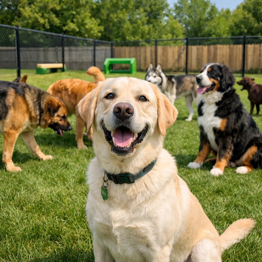 Happy dogs socializing in a grassy play yard at Green Acres, providing holistic dog boarding and daycare in Portland.