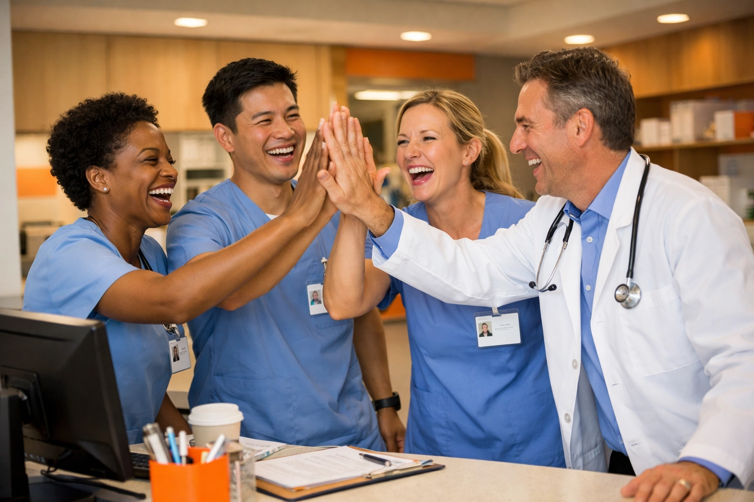 Diverse medical team sharing a high-five, illustrating how workforce flexibility improves staff retention.