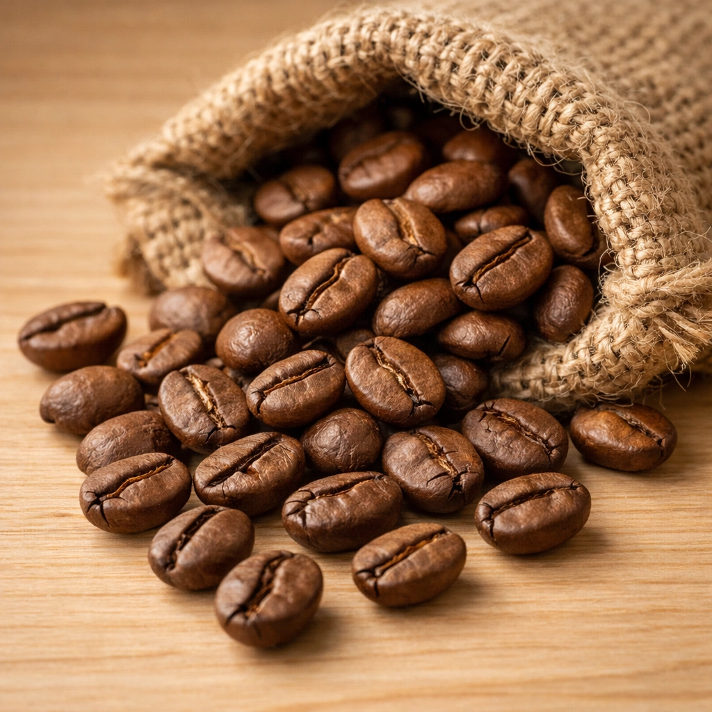 Freshly roasted speciality coffee beans spilling from a burlap sack on a light wood surface.