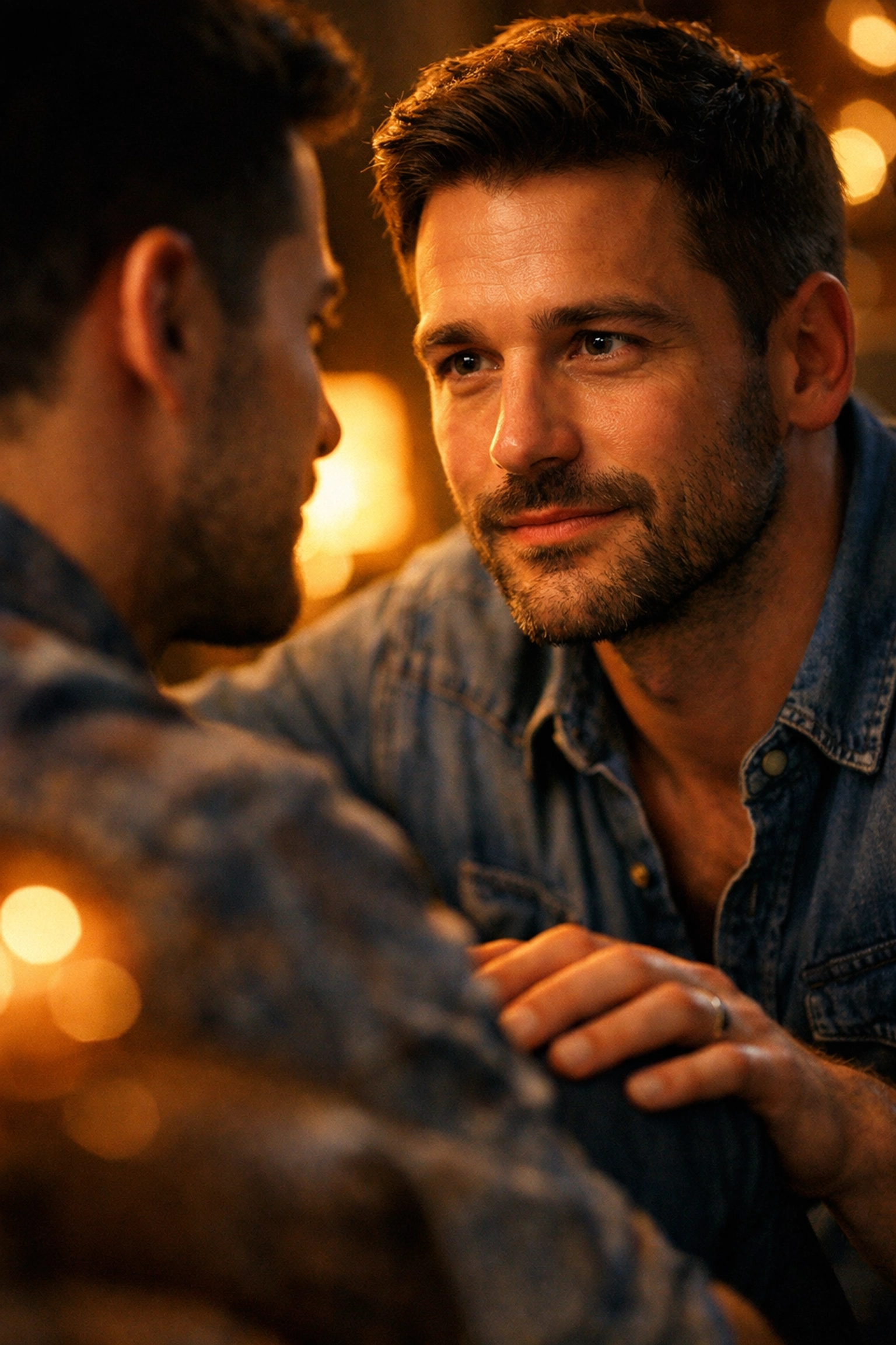 Close-up of two men in deep conversation, illustrating trust and emotional intimacy in gay relationships.