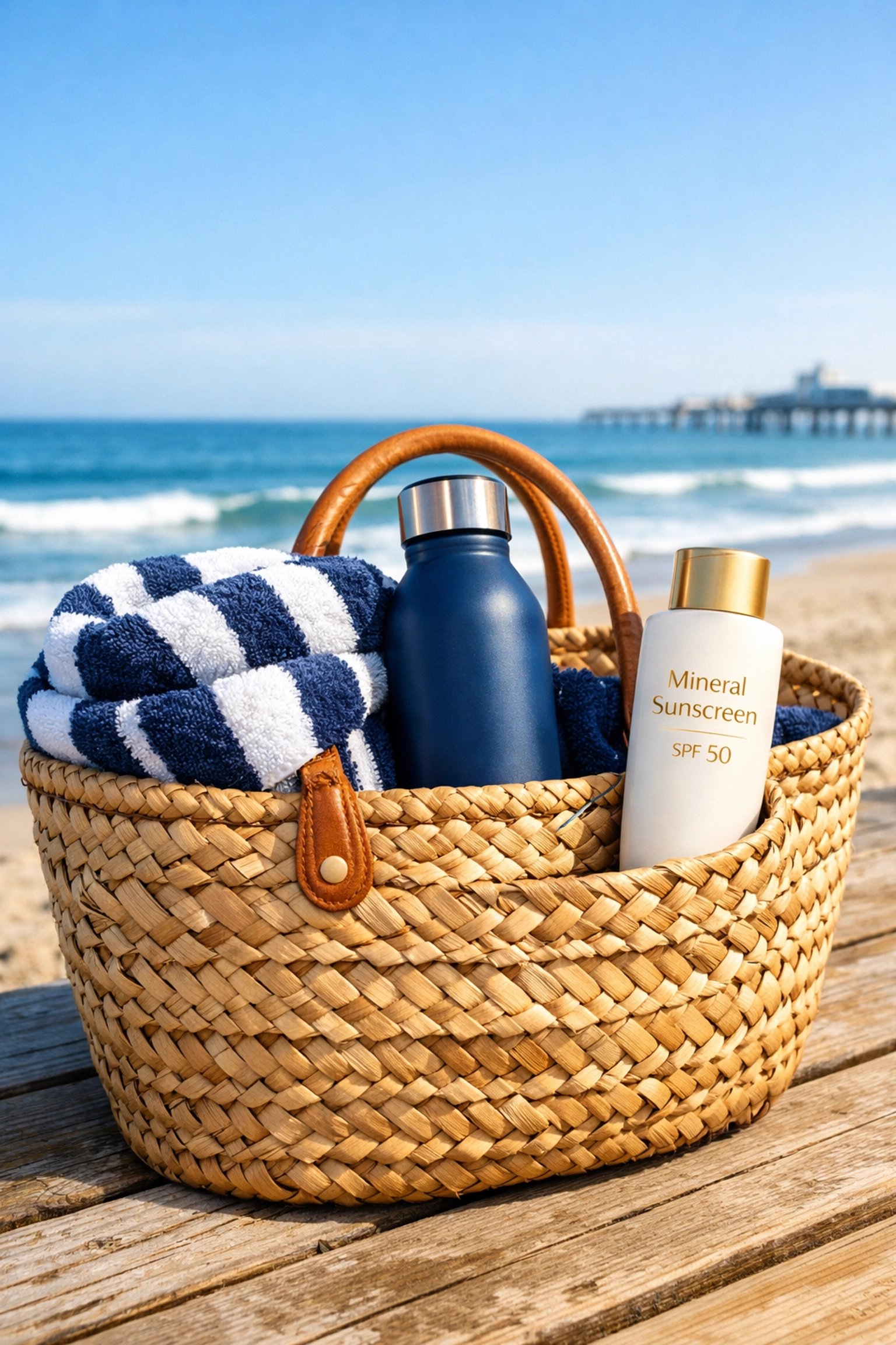 Woven beach bag with luxury essentials on a Galveston boardwalk overlooking the beach.