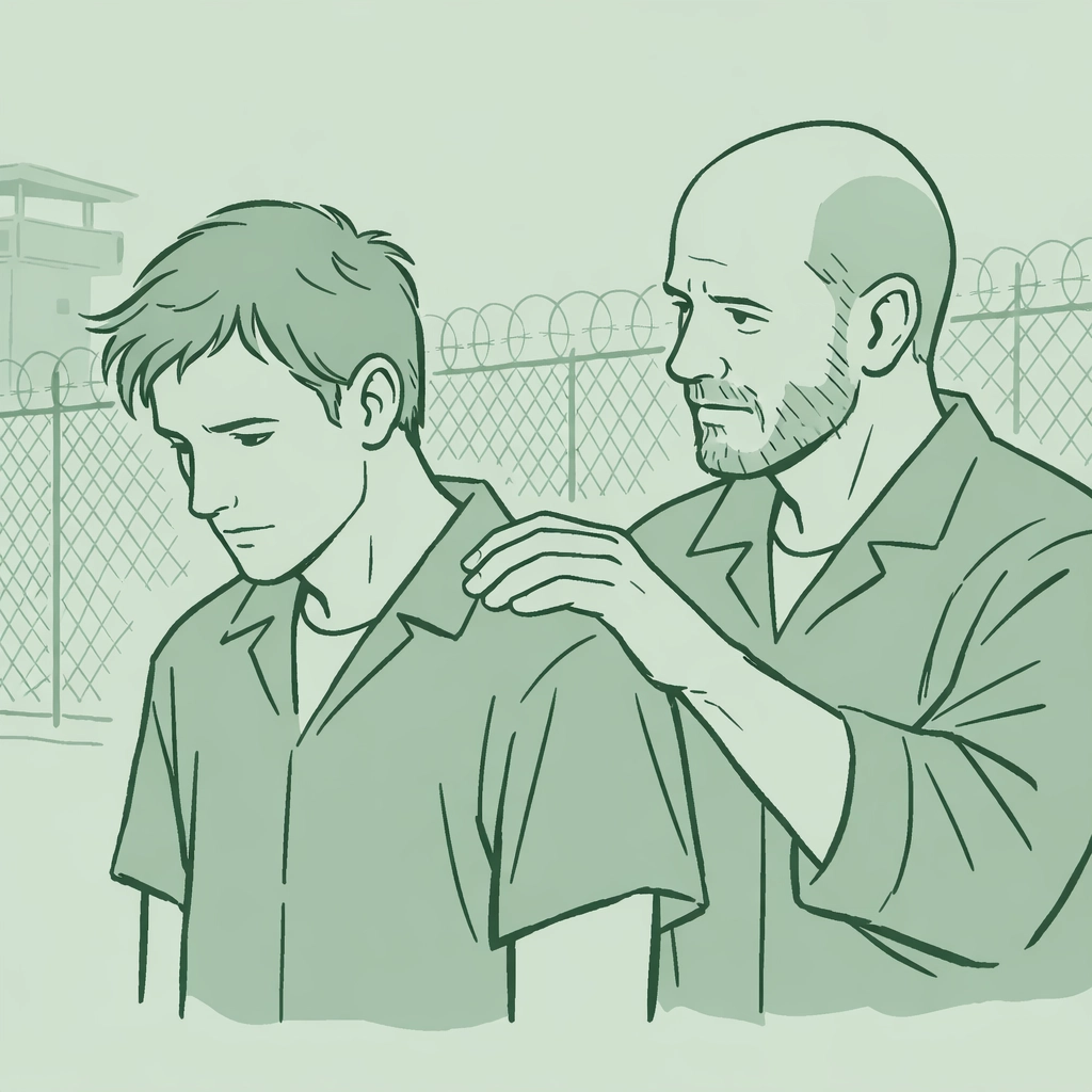 Older gay man mentors younger man in prison yard - MM romance and protection