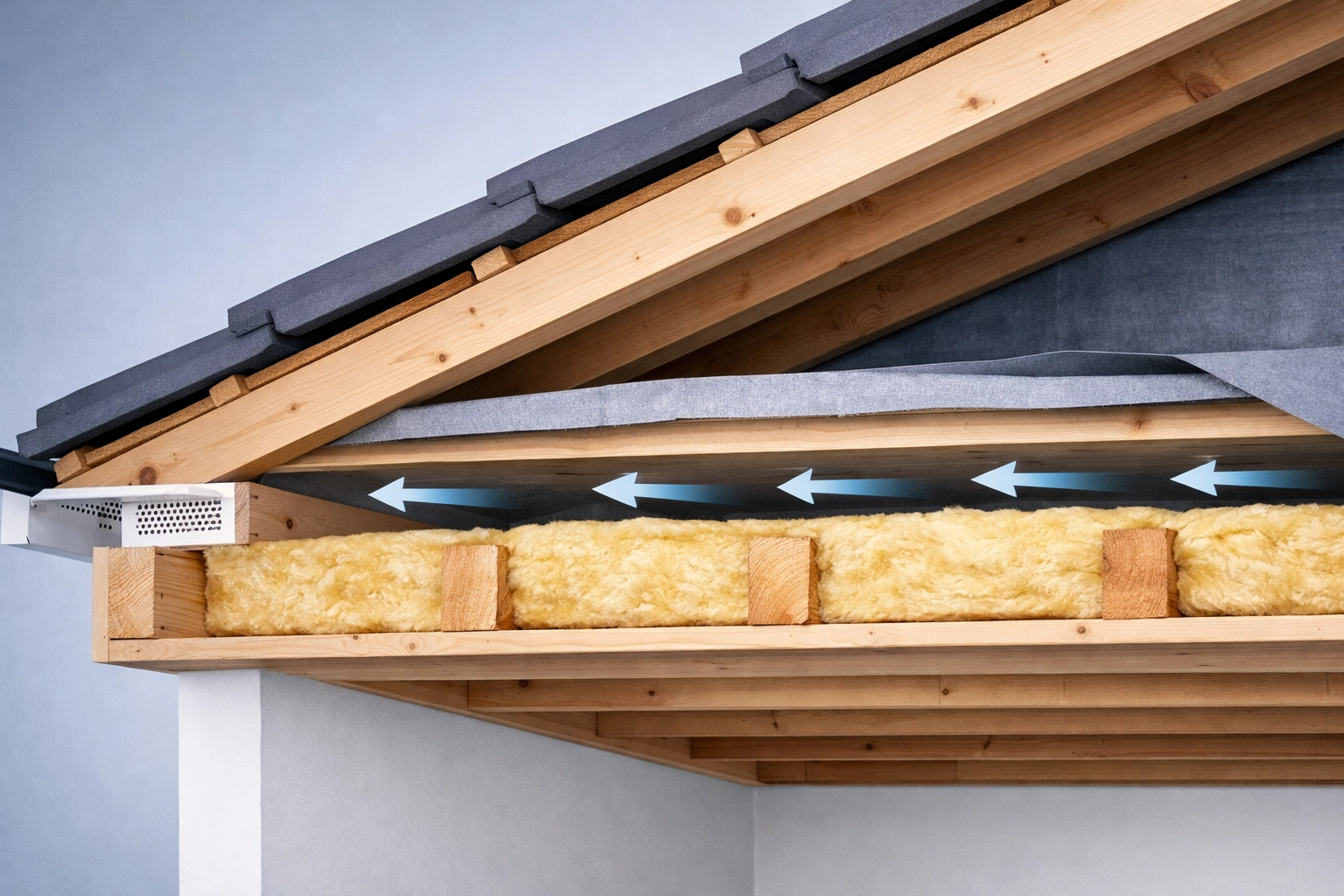 Cold roof system cross-section showing insulation between joists and ventilation space above