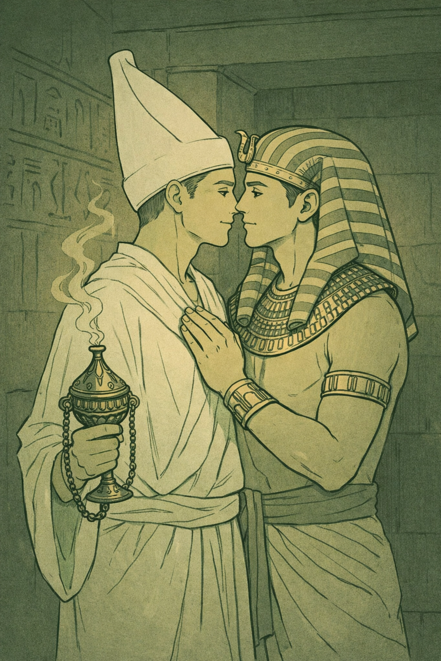 High Priest and Pharaoh share intimate moment in ancient Egyptian temple sanctuary - MM romance