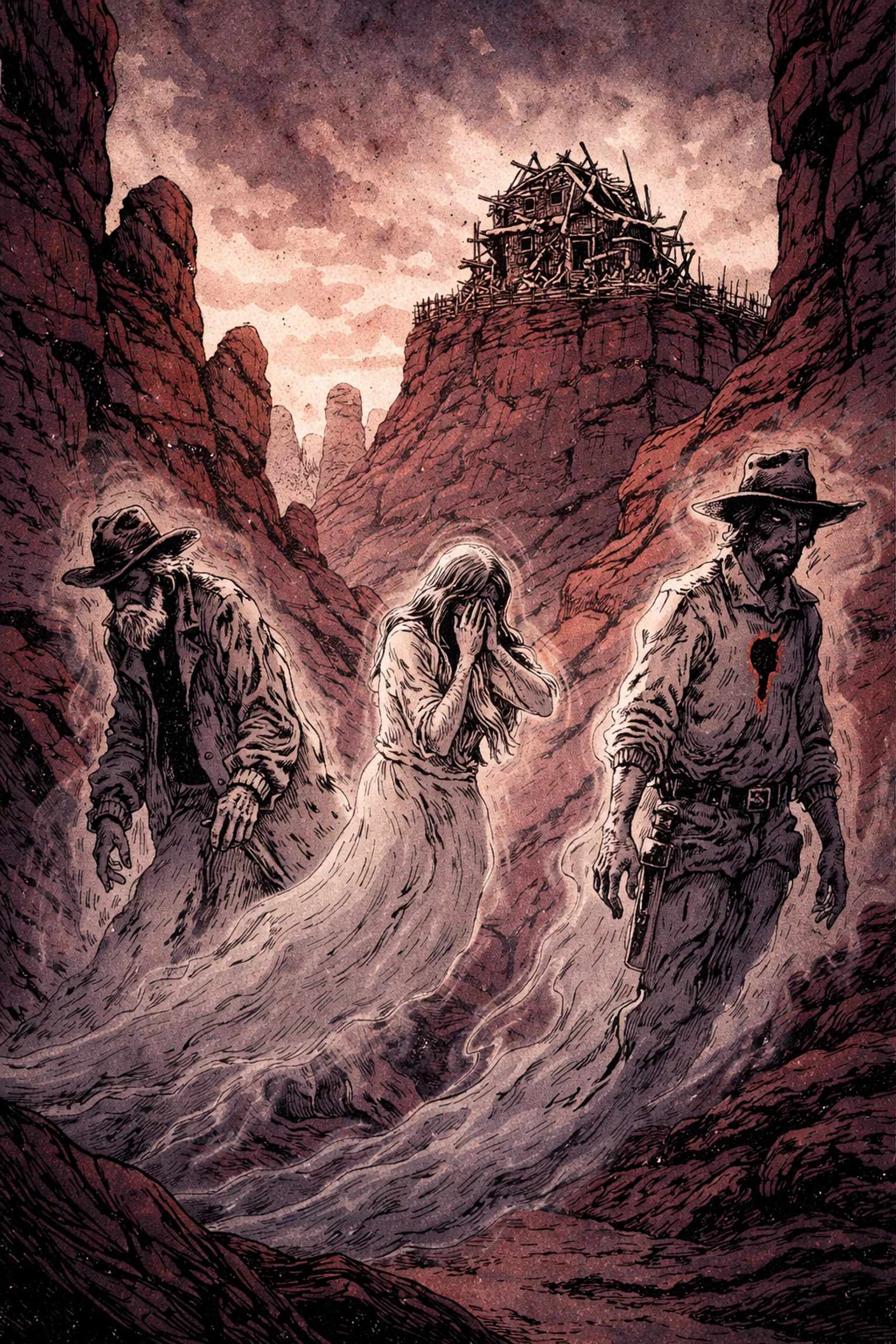 Translucent echo-ghosts drift through red rock canyons near a bone-built house, capturing the eerie weird western story setting.