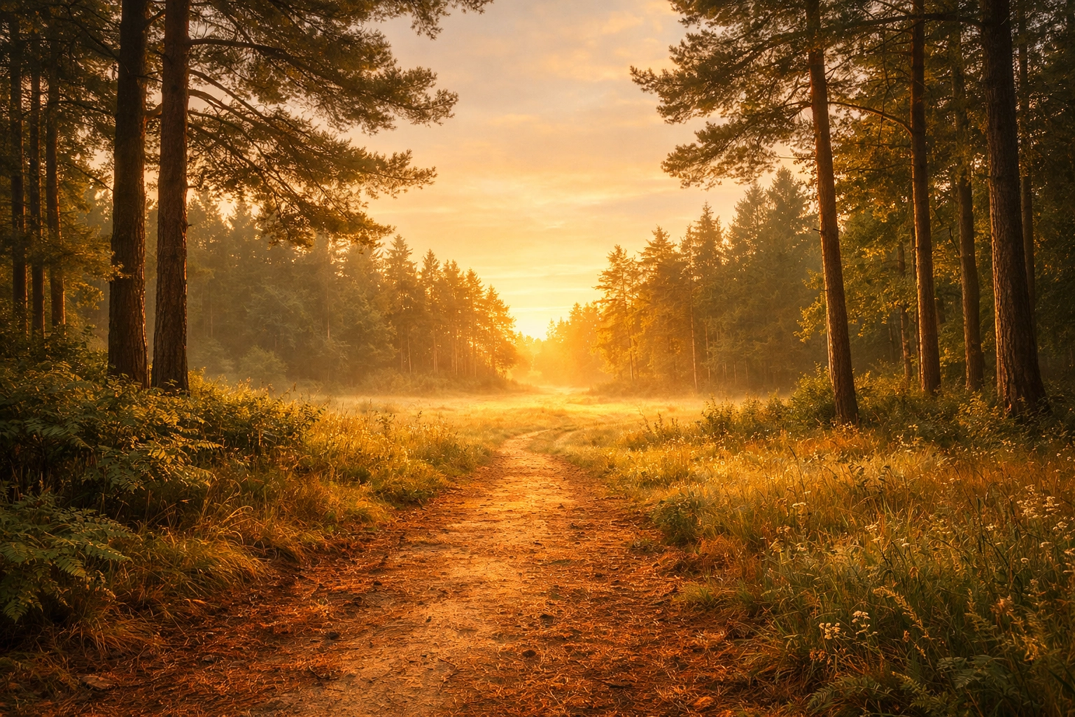 A sunlit path through a peaceful forest, representing the journey toward personal growth and inner peace.