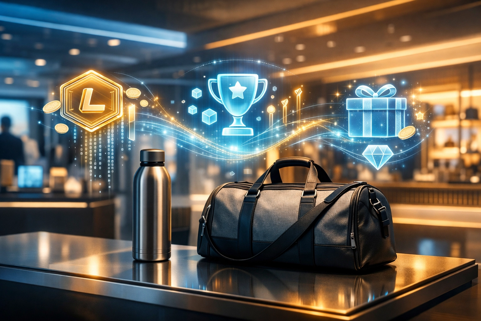 Futuristic Web3 retail store featuring Larecoin merchandise and holographic AI-driven shopping rewards.