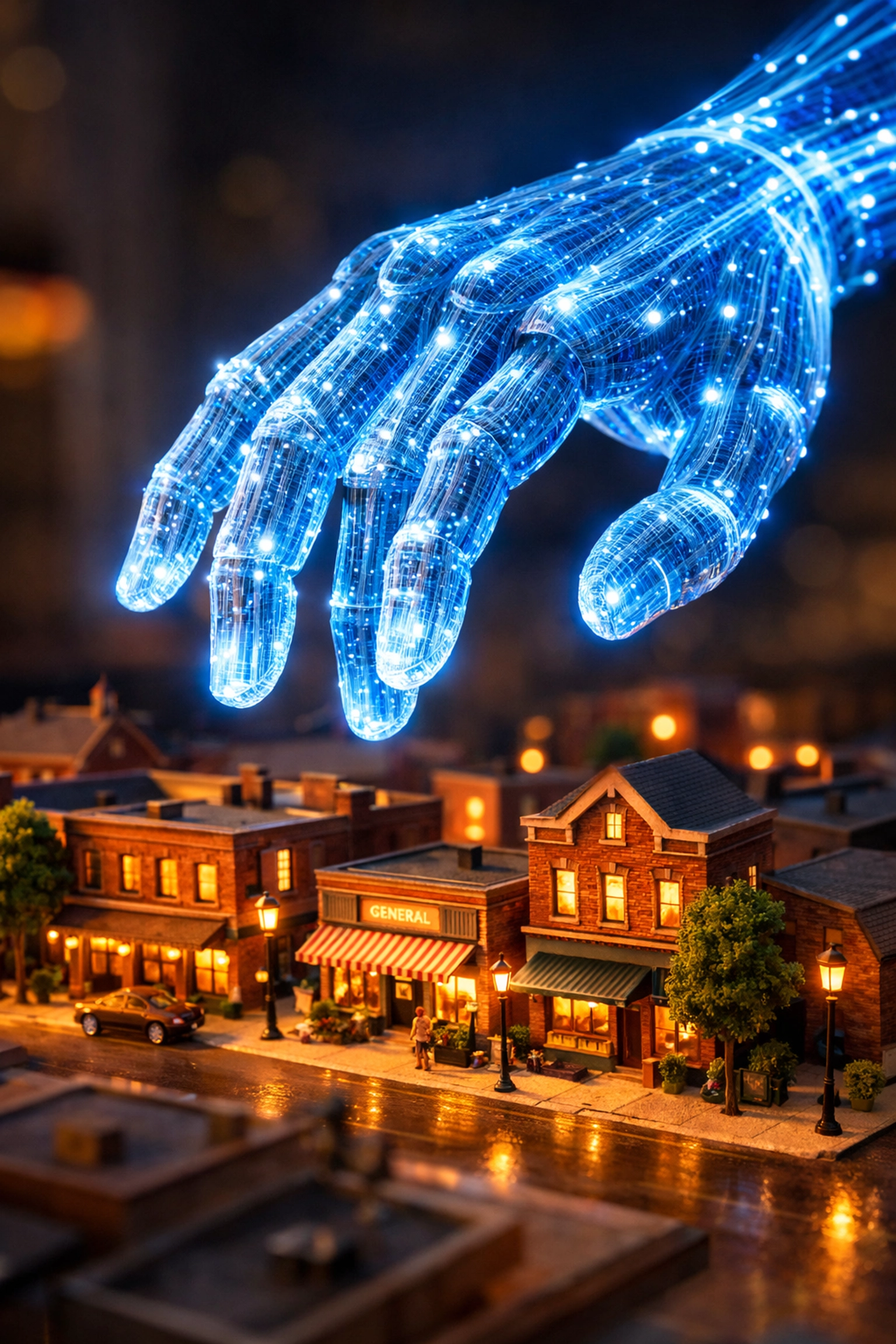 AI technology assisting with local SEO services for a small business main street storefront.