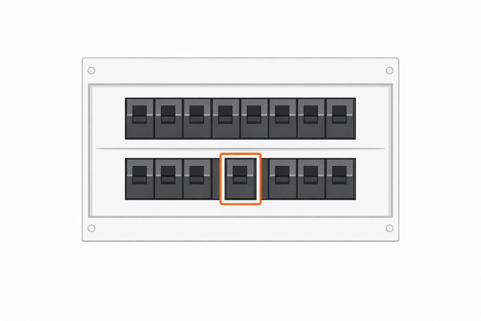 Moderner Sicherungskasten mit hervorgehobenem Schutzschalter für die elektrische Sicherheit.