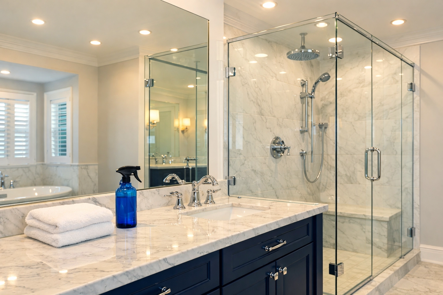 Spotless luxury bathroom showing the results of professional deep cleaning in Bedford.