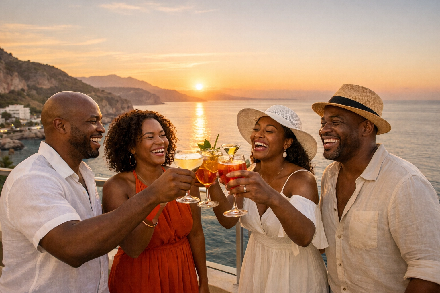 Friends celebrating a successful vacation on a luxury resort balcony overlooking a Mediterranean sunset.