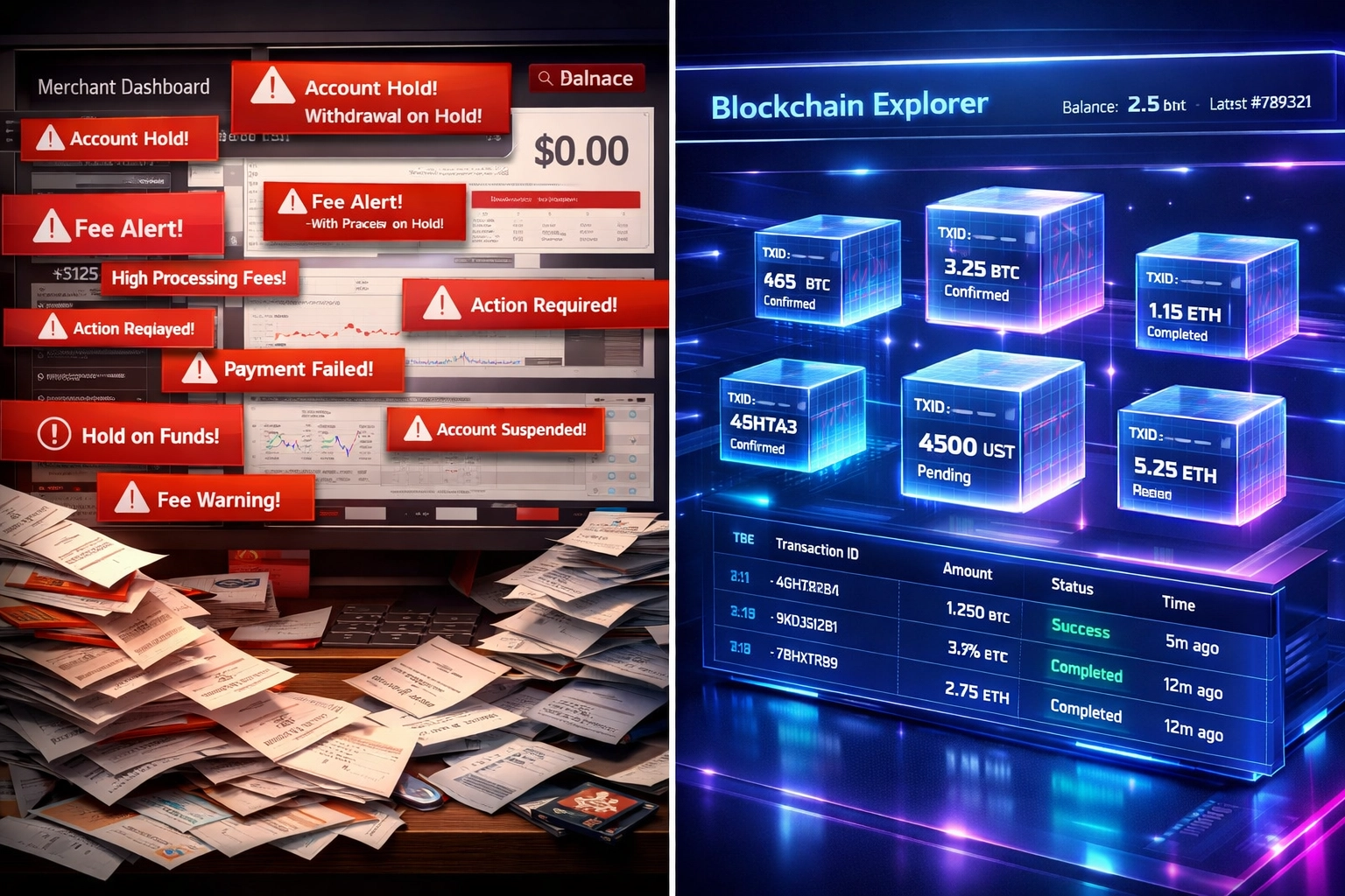Comparison between centralized payment database with errors vs transparent blockchain transaction records