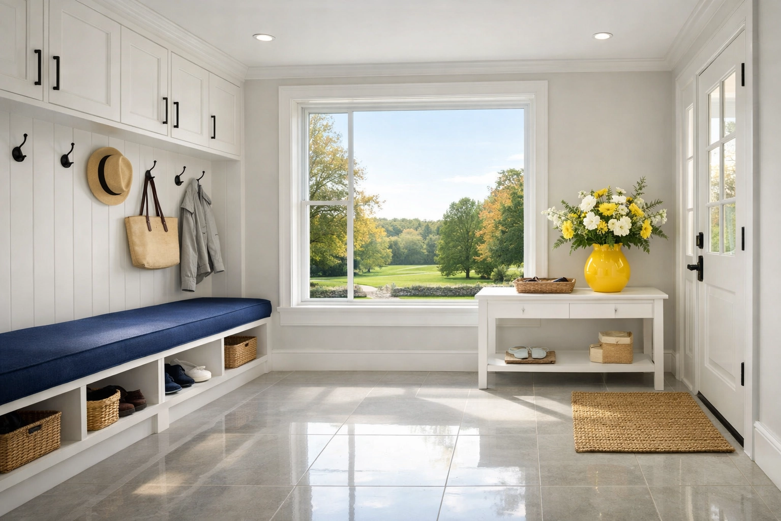 Spotless high-end entryway with clean tile floors from a deep cleaning in Groton MA service.