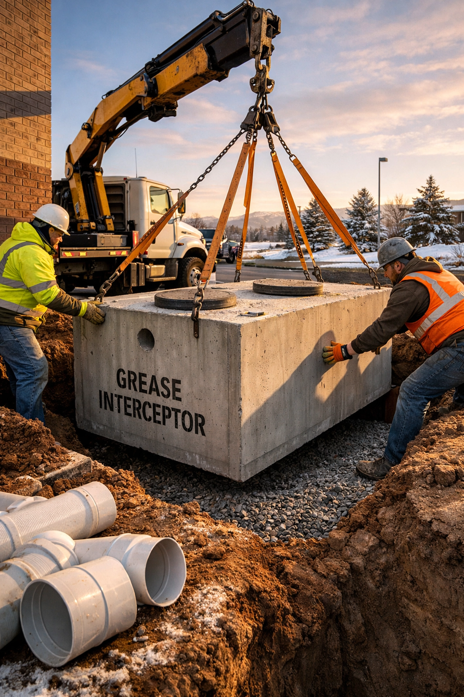 Commercial grease interceptor being lowered into an excavation site for a Denver area installation.