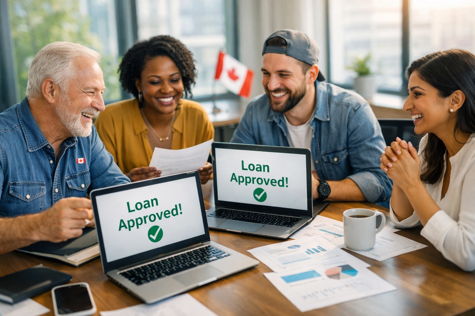 Canadian business owners reviewing CSBFL loan approval documents at meeting