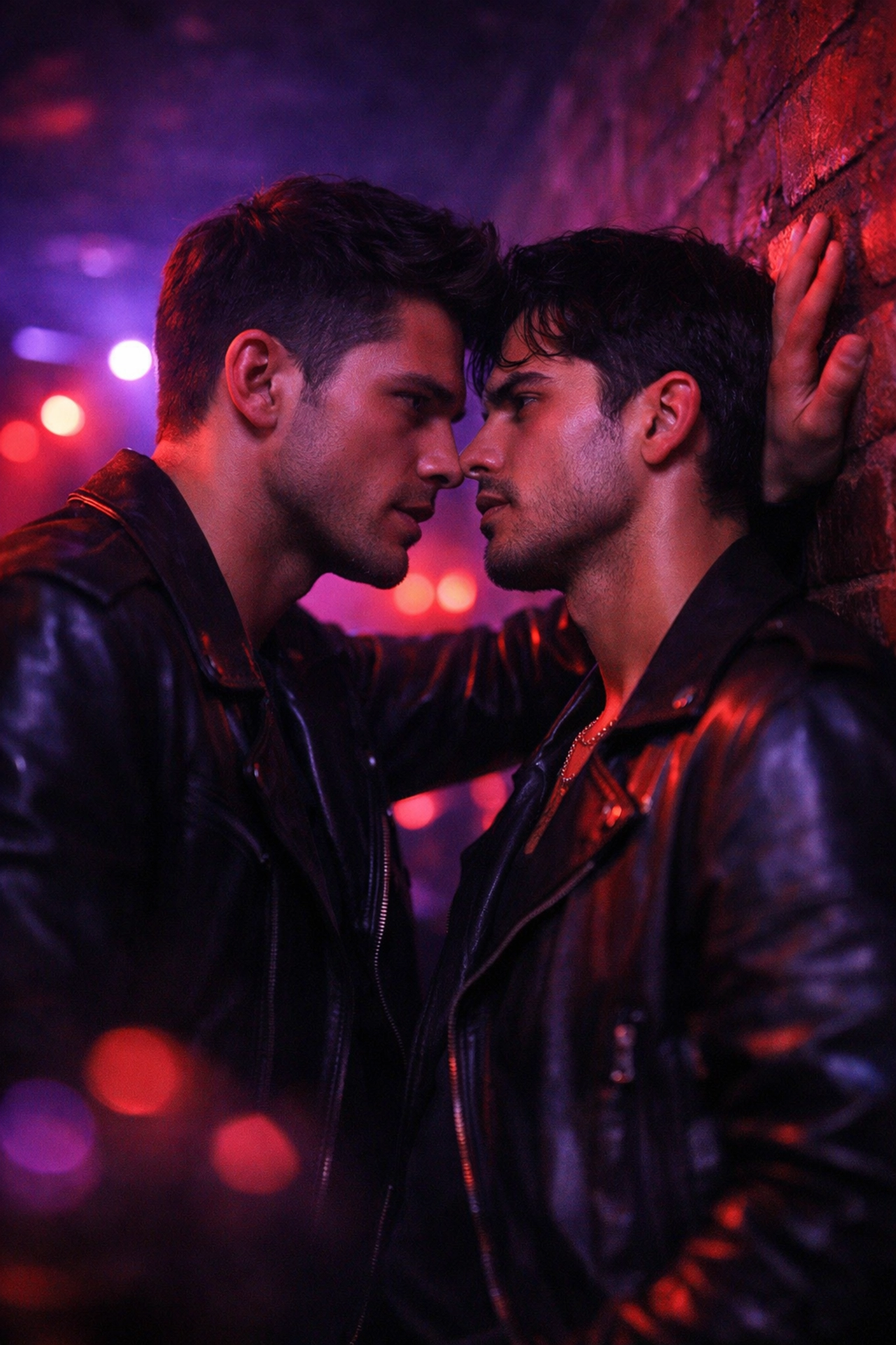 Two men in close proximity at gay cruising bar basement with neon lighting