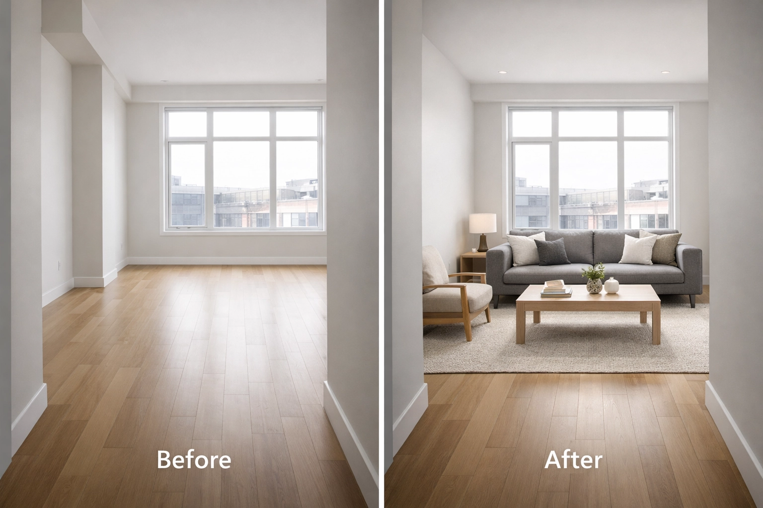 Minimally staged apartment living room ready for prospective tenants