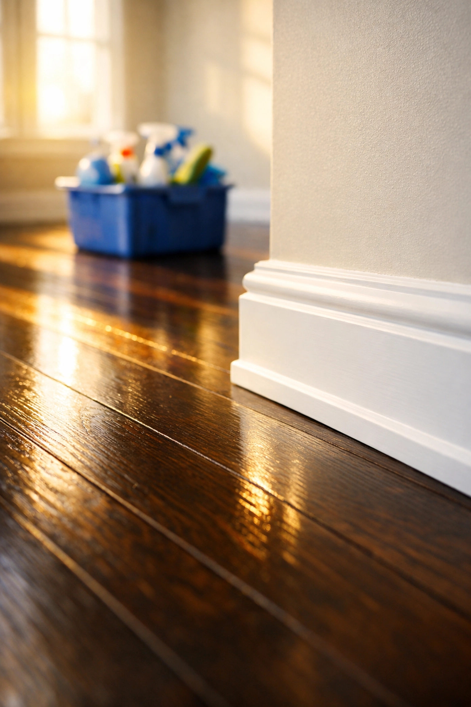 Spotless white baseboards and polished hardwood floors from professional move-out cleaning Worcester.