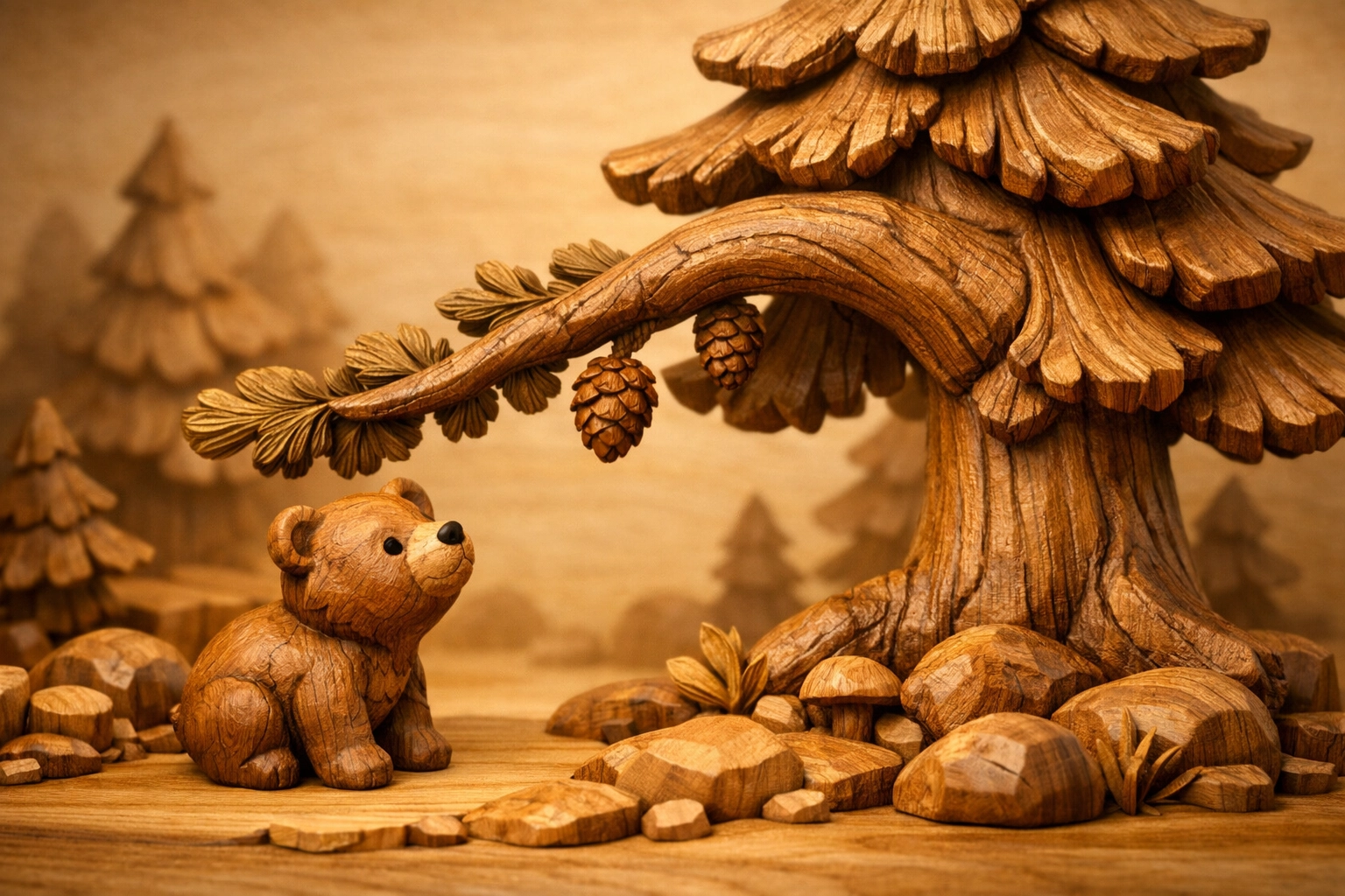 A wooden pine tree offering a branch to a bear cub, an allegory of unmerited grace in Forevergreen.