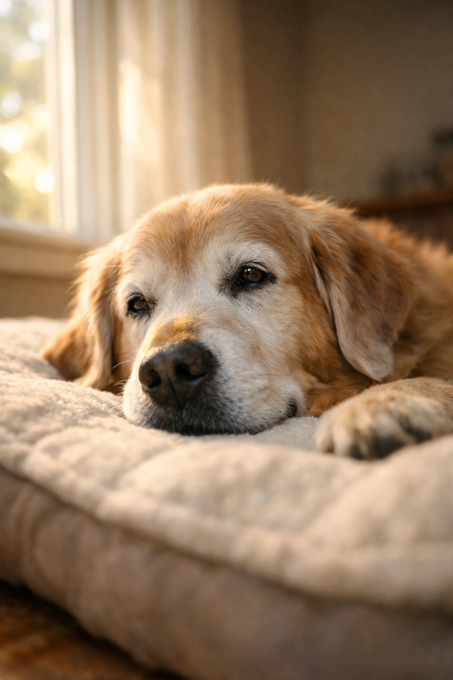 Senior golden retriever resting peacefully on dog bed by sunny window