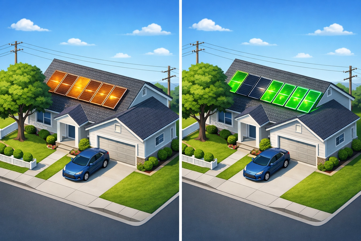 Comparison of standard vs optimized solar pv installation showing efficiency gains with partial shading.