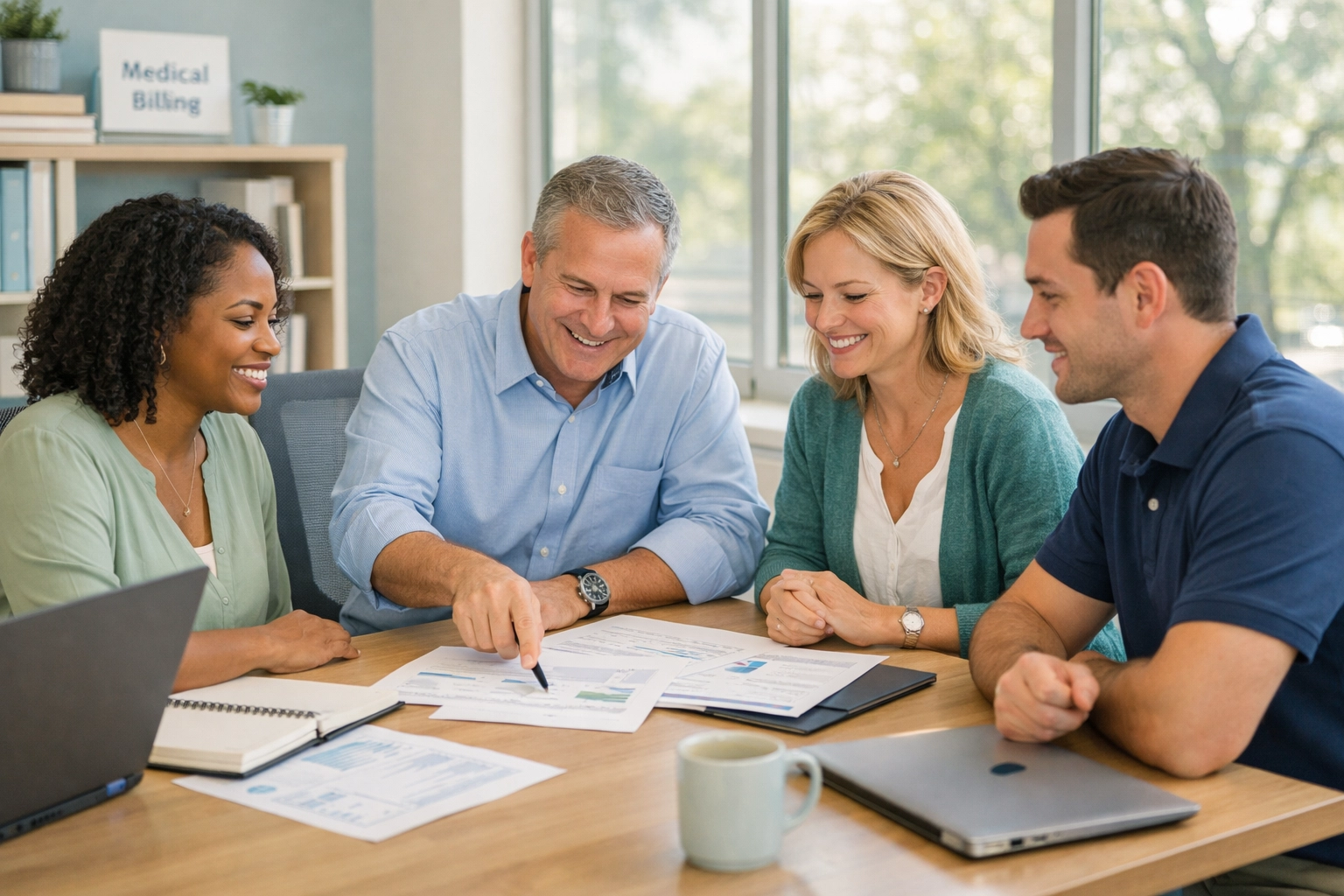 USA-based hospice billing team collaborating in professional office setting