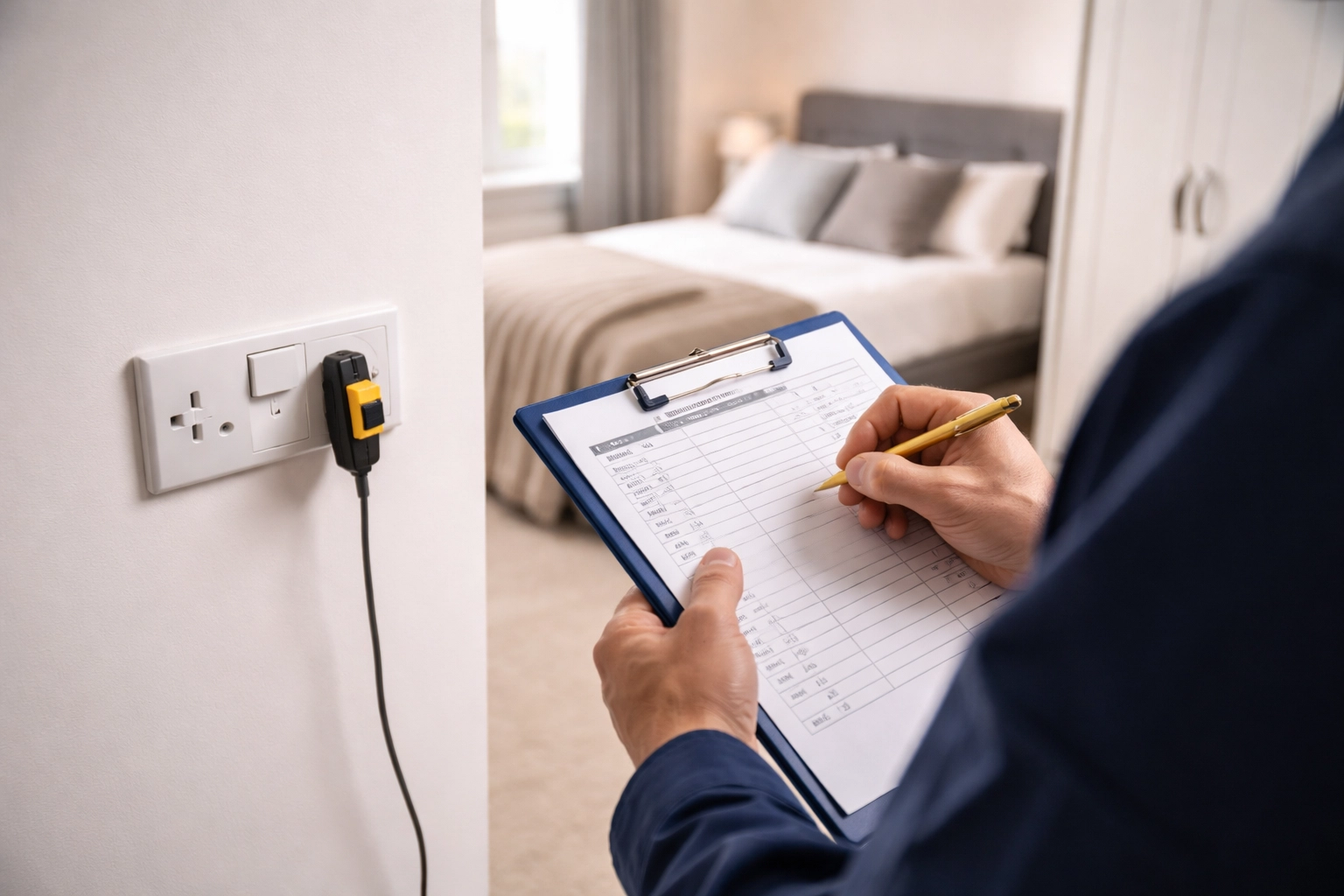Electrician inspecting sockets and documenting work during an EICR in a Rugby rental bedroom