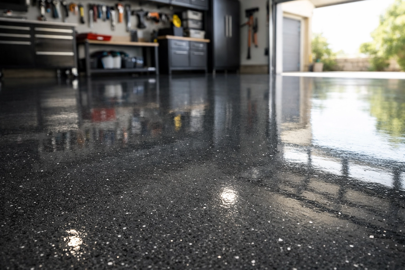 Flawless garage epoxy floor coating in Mississippi showing perfect adhesion without bubbles