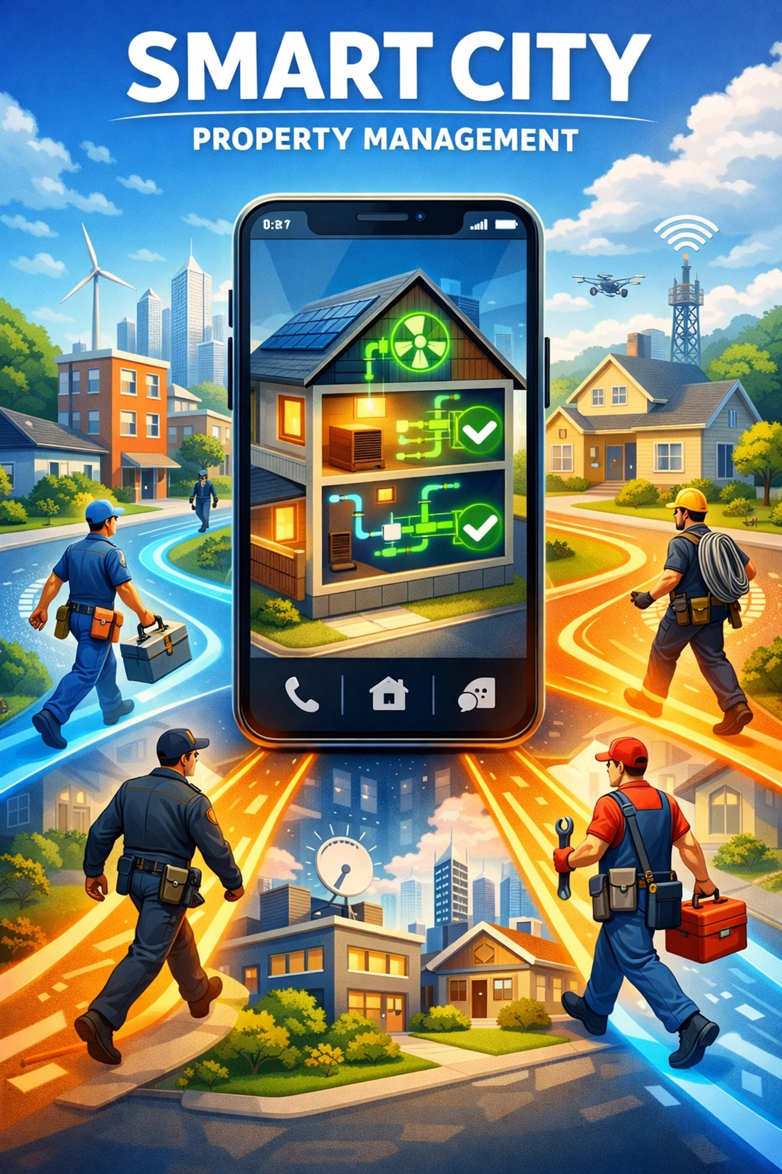 Smartphone displaying automated maintenance tracking and technician dispatch in a smart neighborhood.