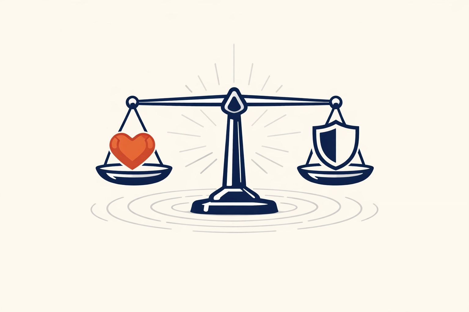 Balanced scale with heart and shield showing strength through vulnerable leadership